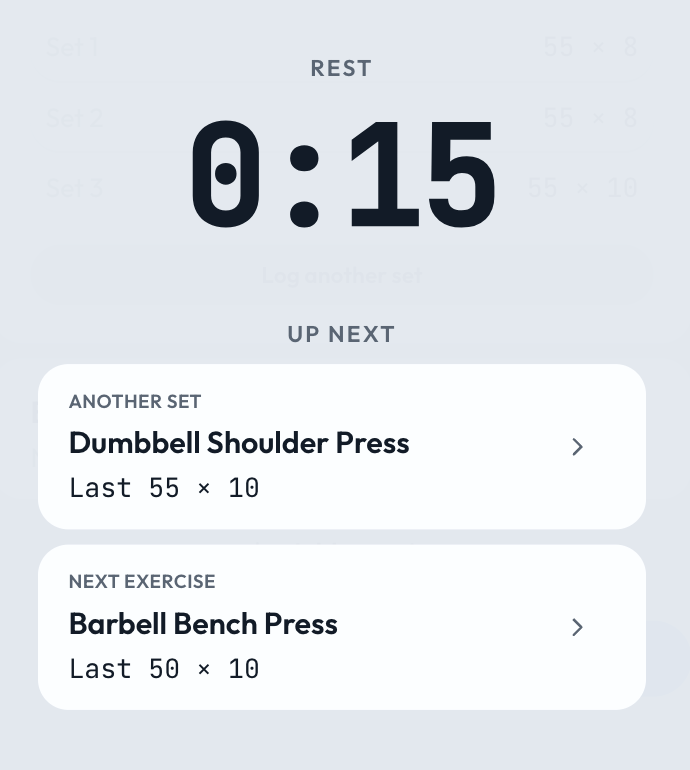 Rest timer showing elapsed time and the next set or exercise