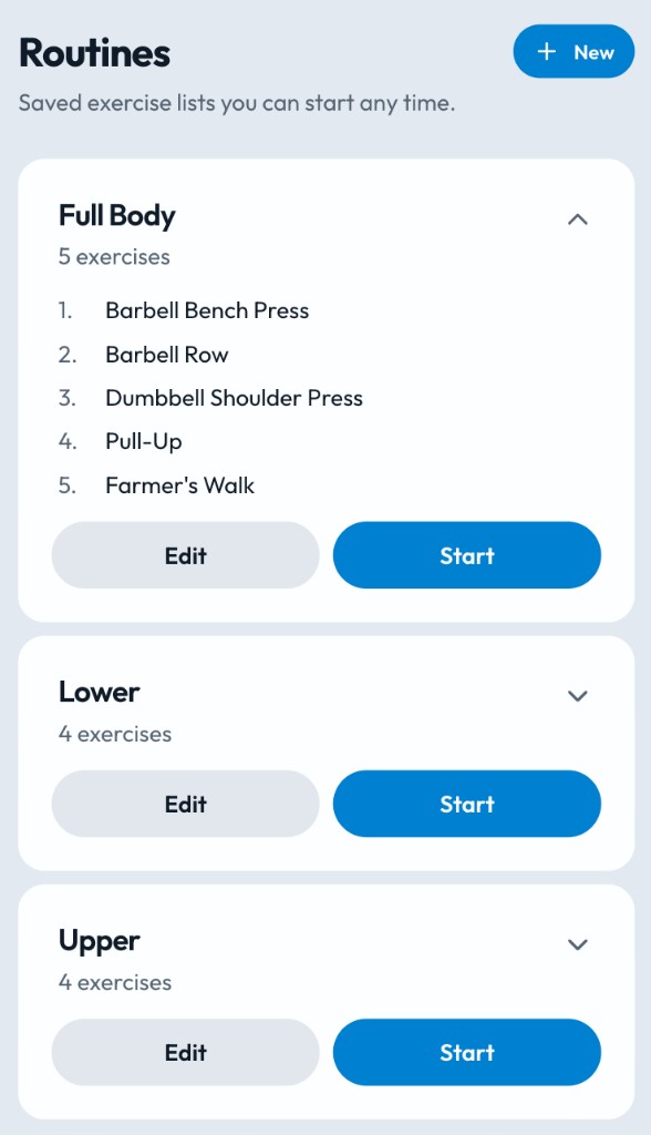 Saved routines list with Full Body expanded and Start and Edit actions